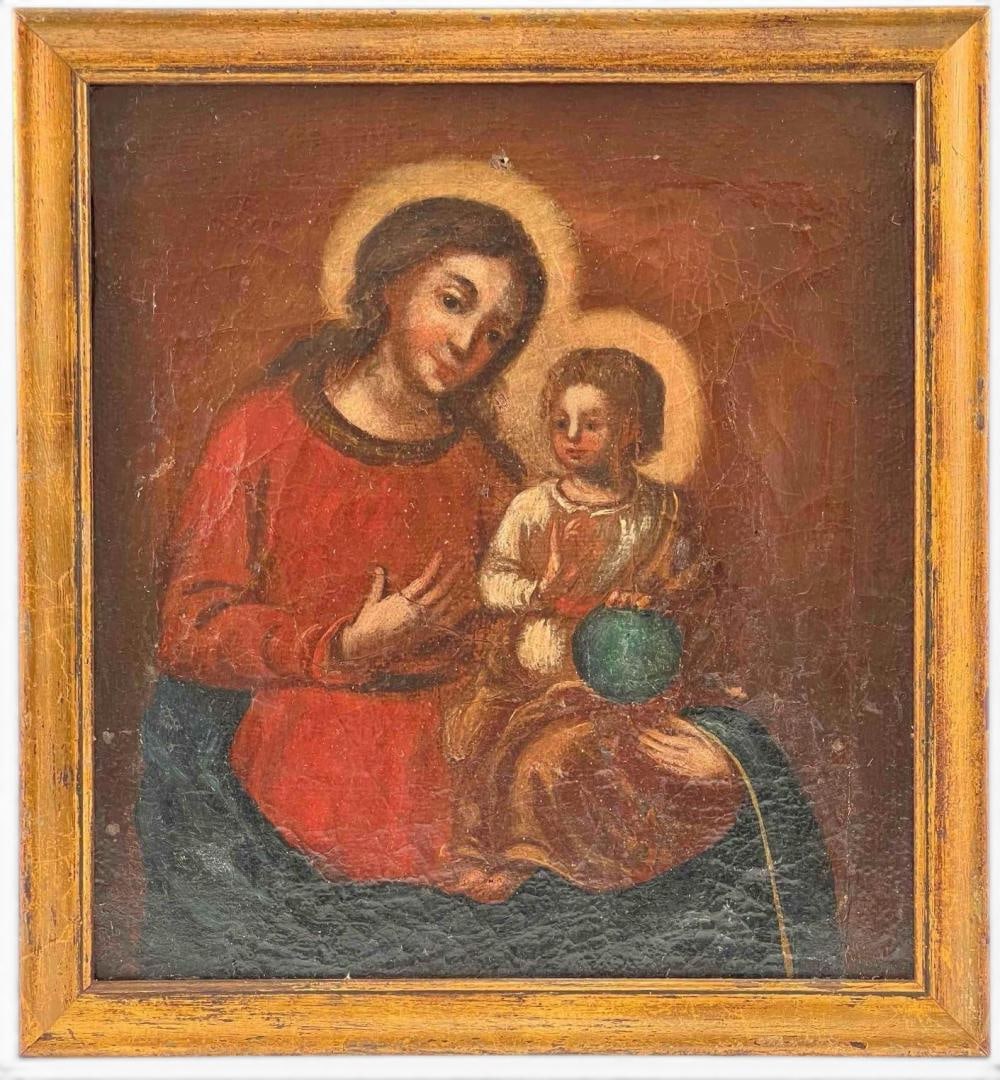Madonna & Child Icon-Style Devotional Painting, Russian Or Ukrainian School, Oil On Canvas: Russian Or Ukranian School Madonna & Child Icon-Style Devotional Painting, Oil On Canvas, 19th Century. As framed approximately 11.0H x 10.25W x 0.75D in. Sight approximately 9.5H x 8.625W in. Provena