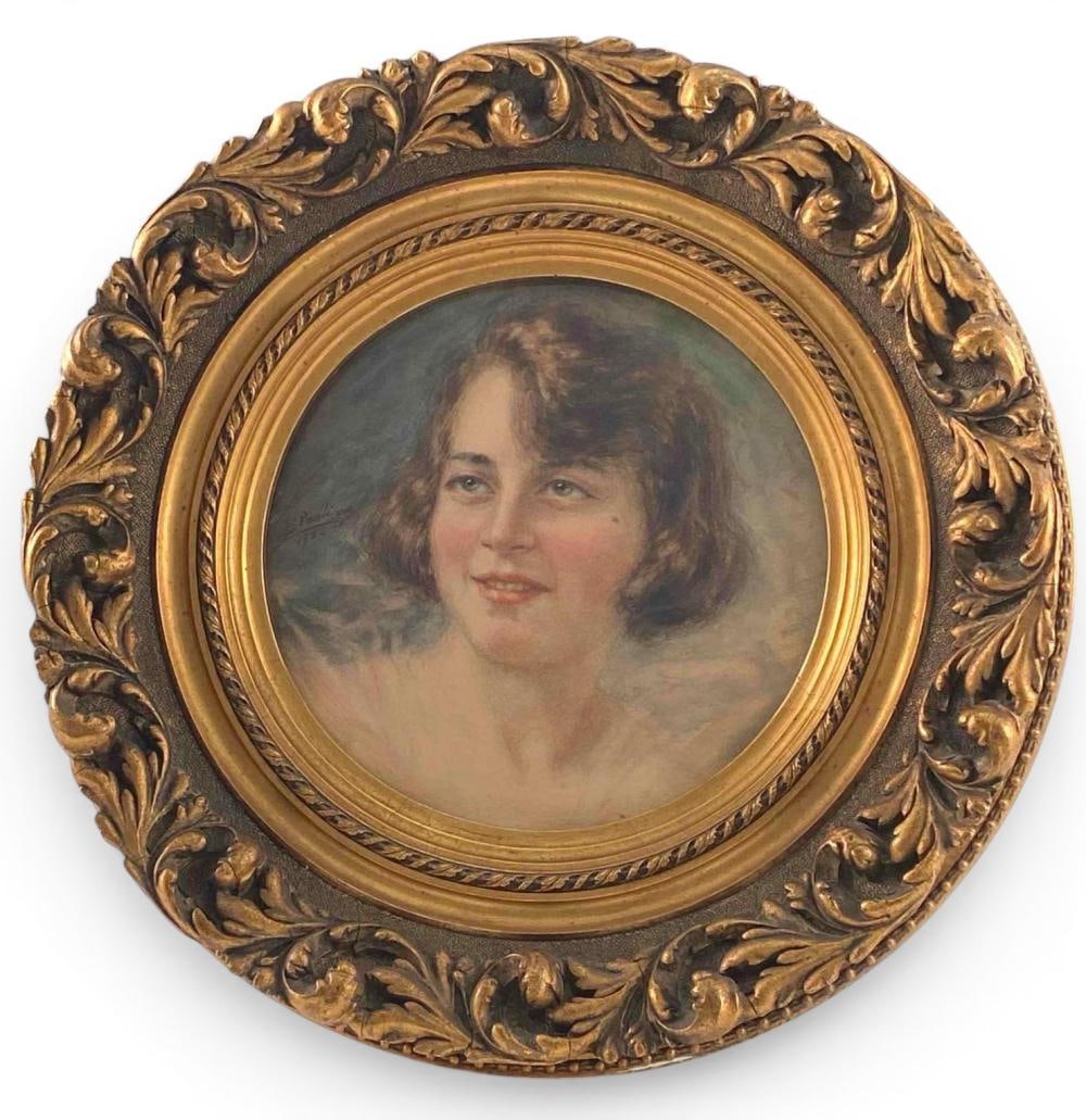 Giulio Pastine (Italian, b. 1870) Portrait Of Lyane Bulgheroni, Watercolor On Paper: Giulio Pastine (Italian, b. 1870) Portrait Of Lyane Bulgheroni, Watercolor On Paper. Signed "G. Pastine." Dated 1922. Verso inscribed "Lyane Bulgheroni a 15 ans Monaco." Frame approximately 17.0W x 2.