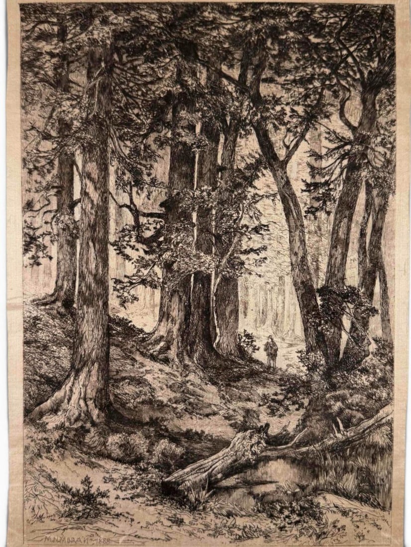 Mary Nimmo Moran (1842-1899), Interior Of A California Forest, Etching On Silk: Mary Nimmo Moran (1842-1899), Interior Of A California Forest, Etching On Silk. Signed in plate, lower left. Dated 1888. Plate mark approximately 13.0H x 8.87W in. Image approximately 11.87H x 8.12W i