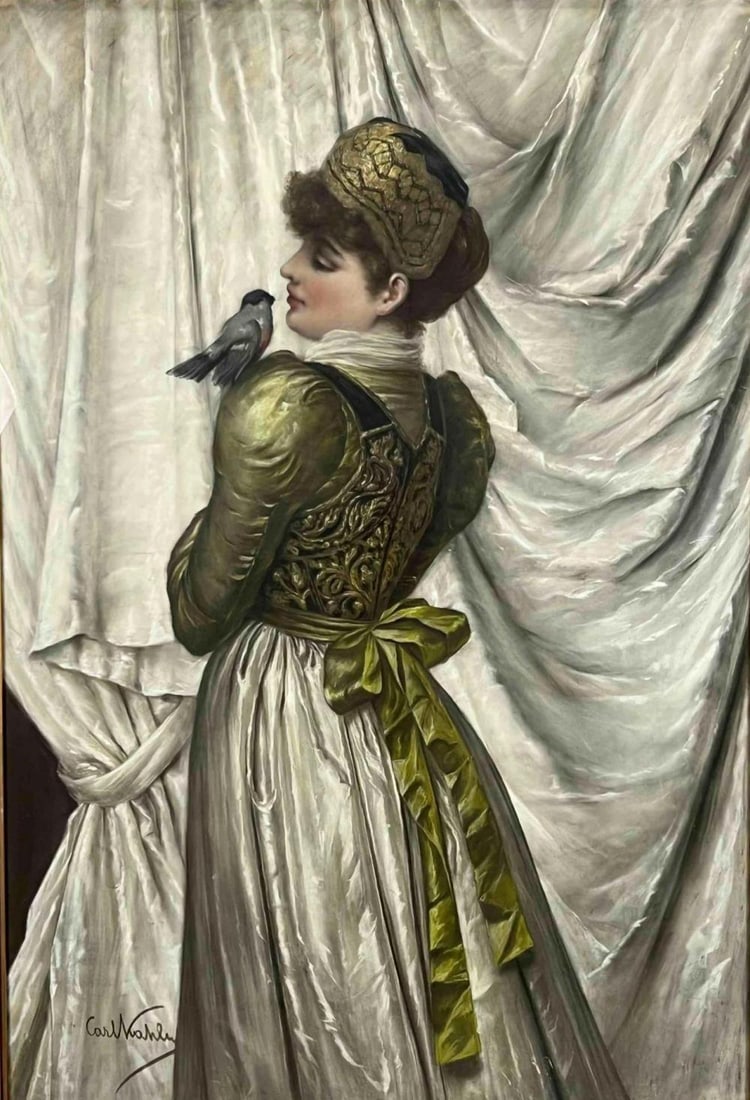 Carl Kahler (American/Austrian, 1855-1906), Woman With Song Bird, Pastel: Carl Kahler (American/Austrian, 1855-1906), Woman With Song Bird, Pastel. As framed approximately 53.5H x 38.25W in. Sight approximately 48.0H x 32.0W.