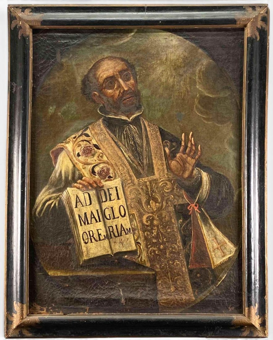 St Ignatius Of Loyola, European School, 17th-18th C., Oil On Canvas: St Ignatius Of Loyola, European School, 17th-18th C., Oil On Canvas. Unsigned. Depiction of Saint Ignatius of Loyola, shown in Jesuit vestments, gazing upward and holding an open book inscribed "Ad De