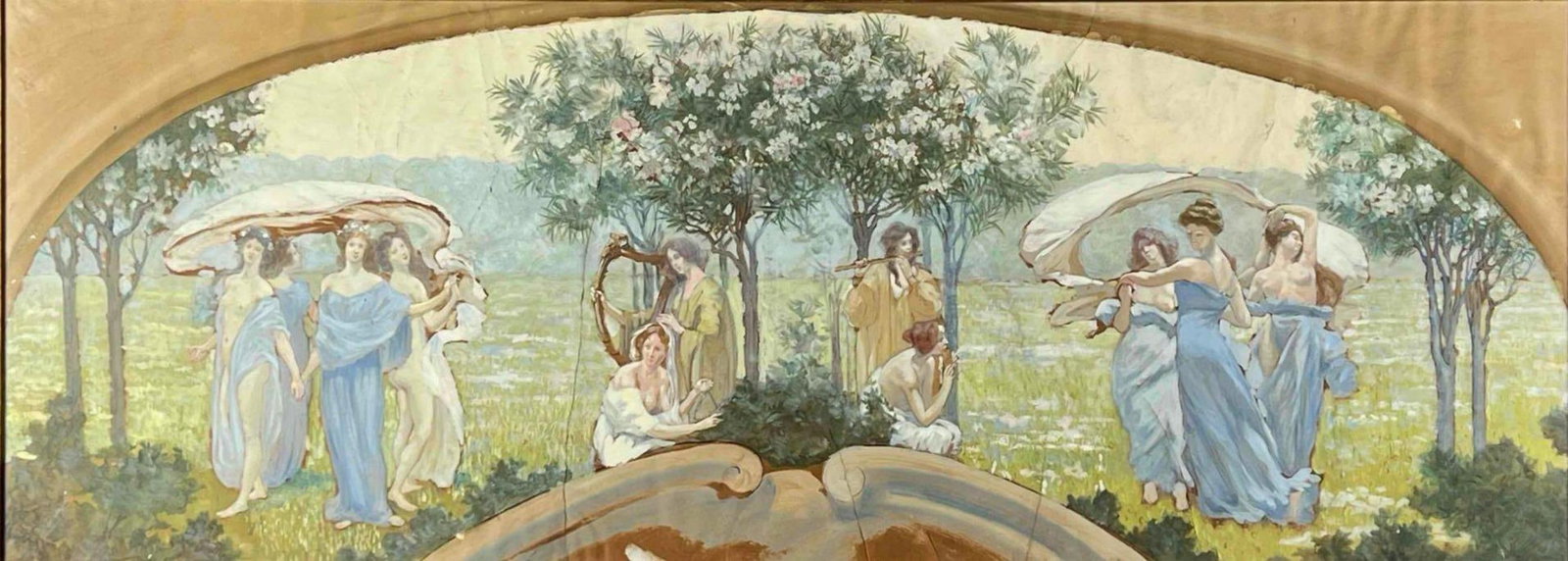 Circle Of Pierre Puvis de Chavannes, Unfinished Work Or Study, Oil On Paper: Circle Of Pierre Puvis de Chavannes, Unfinished Work Or Study, Oil On Paper. Frame approximately 50.025L x 20.87H x 1.25D in. Sight approximately 46.25L x 16.5H in. Provenance: From the collection of 