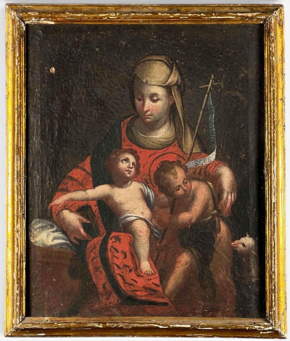 The Virgin Mary With Infant Jesus And John The Baptist, European School, 17th-18th C.: The Virgin Mary With Infant Jesus And John The Baptist, "Ecce Agnus Dei," European School, 17th-18th C., Oil On Canvas. Frame approximately 27.75H x 23.24W x 1.5D in Sight approximately 24.37H x 19.87
