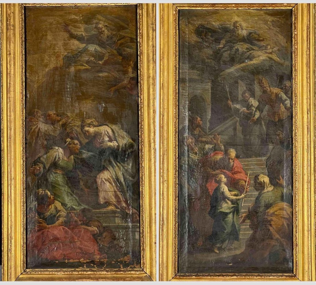 Two Scenes In The Life Of The Virgin Mary, European School, 17th-18th C., Oil On Canvas: Two Scenes In The Life Of the Virgin Mary, The Presentation of The Virgin At The Temple, and The Visitation of Mary And St. Elizabeth, Oil on Canvas, 17th-18th C. Unsigned. Frames approximately 32.0H 