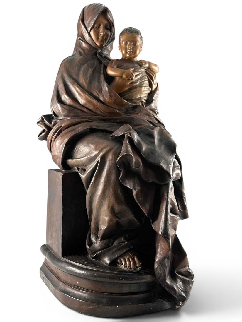 Friedrich Goldscheider (1845-1897), Virgin & Child, After Nicolo Barabino, Terracotta Sculpture: Friedrich Goldscheider (1845-1897), Madonna & Child, After Nicolo Barabino, Terracotta Sculpture. Verso impressed with Friedrich Goldscheider studio stamp. Additionally marked "REPRODUCTION RESERVEE X