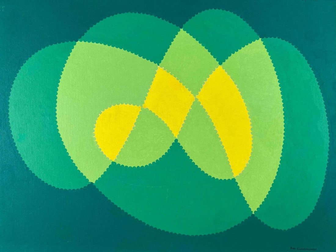 Ben Cunningham (American, 1904-1975), Warm Up I, Oil On Canvas Board, c. 1969: Ben Cunningham (American, 1904-1975), Warm Up I, Abstract Composition, Oil On Canvas Board. Signed lower right. Signed and titled on verso. Approximately 24.0W x 18.0H in.