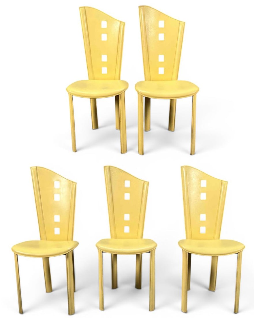 Arper Italian Postmodern Leather Dining Chairs: Arper Italian Postmodern Leather Dining Chairs, Set Of Five. Marked "Arper Made In Italy" on undersides. Approximately 40.25H x 17.37W x 16.0D in.