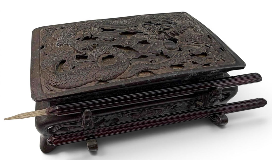 Chinese Lead & Copper Inkwell With Peking Glass Ink Pots (1 of 15)