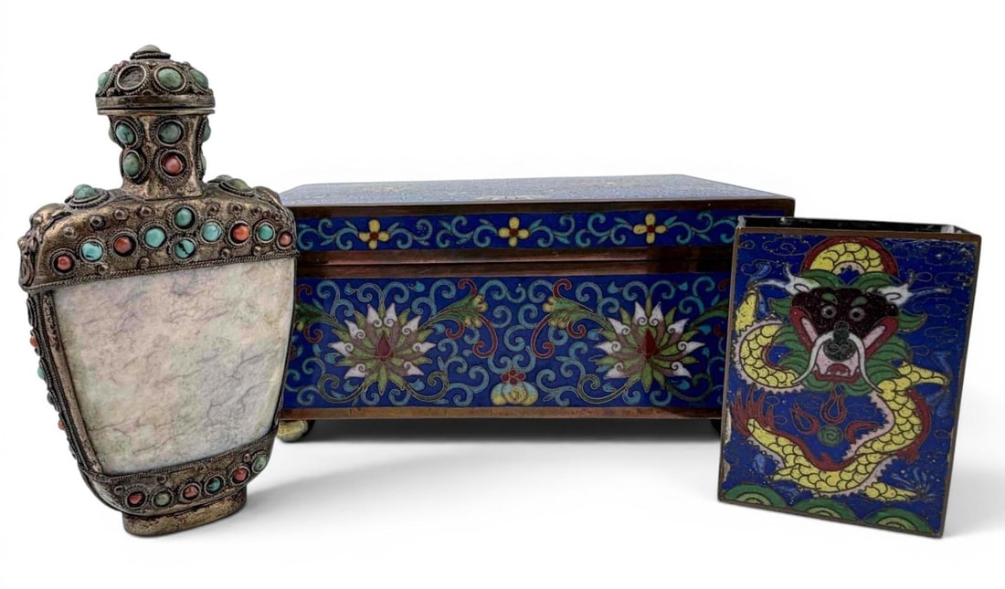 Asian Cloisonne Items & Tibetan Snuff Bottle: Asian Cloisonne Items & Tibetan Snuff Bottle. Box approximately 5.25L x 3.5W x 2.5H in. Matchbox cover approximately 2.37L x 1.62W in. Snuff bottle approximately 4.0H x 2.25W x 0.87D in. Provenance: F
