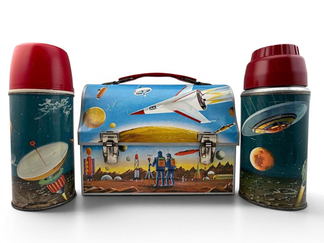 Mid Century Space Themed Lunchbox With Thermoses: Mid Century Thermos Brand Space Themed Lunchbox With Thermoses. Lunchbox marked "A Product by Thermos." Thermoses marked "Holtemp by Thermos Bottle #2006H Filler # 20F 10-OZ Size." Lunchbox