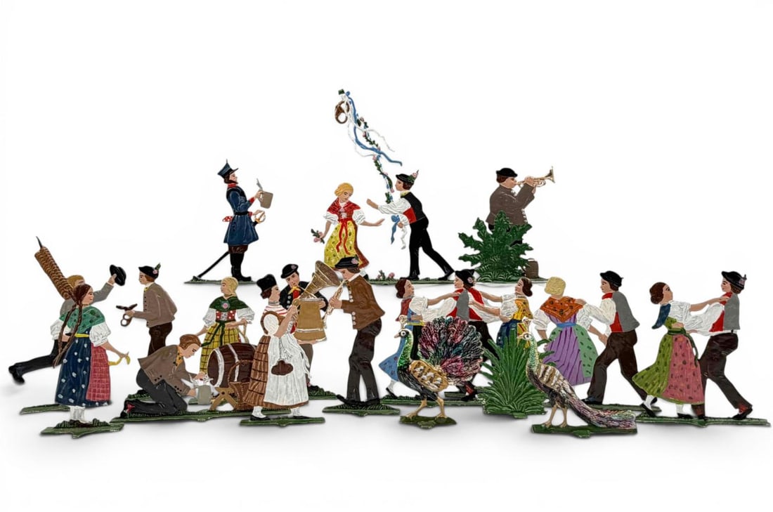 Hand Painted Lead Zinnfiguren Set, German Folk Festival, Possibly Maifest: Hand Painted Lead Zinnfiguren Set, German Folk Festival, Possibly Maifest. (20) pieces, including dancing couples, girls in traditional costumes, musicians, peacocks, and beer. Largest piece