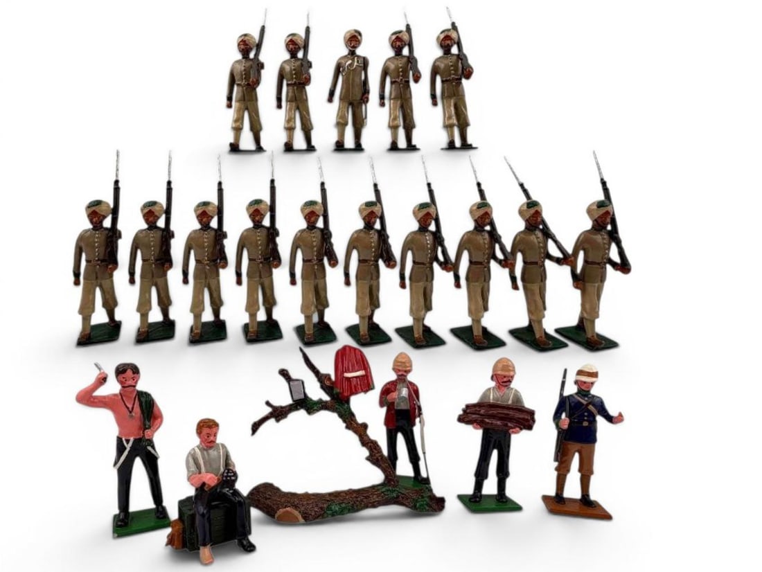 Trophy Miniatures & Blenheim Military Models Toy Soldiers, Zulu Wars And British India: Includes: Trophy Miniatures Of Wales, Lead Toy Soldiers, 24th Foot Reg. S. Africa, Zulu Wars, 1879. Includes: (1) Bare-chested soldier shaving at mirror hung in tree; (1) Sergeant sipping his morning 