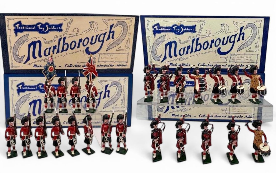 Marlborough Military Models, Black Watch With Colours, Pipes & Drums, M7, M8, M9, M10, 24 Pieces: Marlborough Military Models, Black Watch With Colours, Pipes & Drums, M7 & M8, M9, M10, 24 Pieces, With Original Boxes. Largest piece approximately 4.0H x 1.14W x 0.85D in. Boxes approximately 11.25L 
