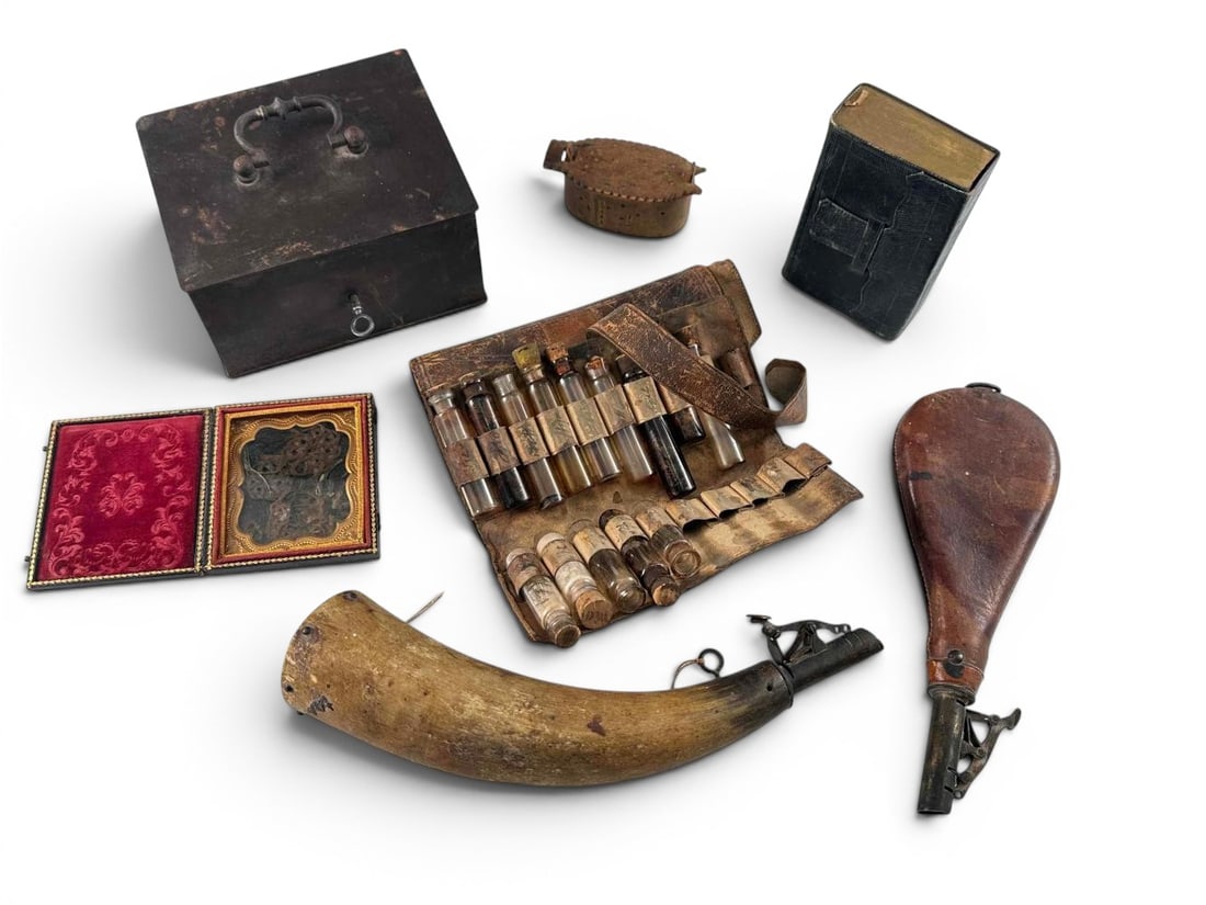 Group of 19th-Century Medical, Personal, And Military-Related Antiques, Possibly Civil War Era: Group of 19th-Century Medical, Personal, and Military-Related Antiques, Possibly Civil War Era. Includes a leather-cased traveling medicine/apothecary kit with numerous cork-stoppered glass vials and 