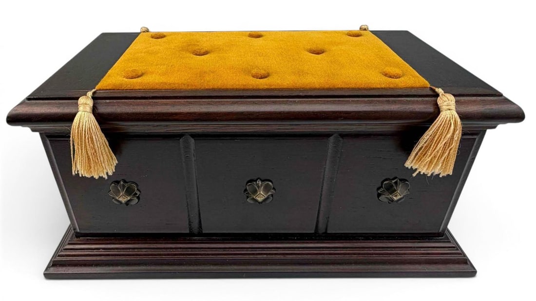 Reuge Large Jewelry Casket Music Box In The Form Of A Bench With Tasseled Cushion (1 of 18)