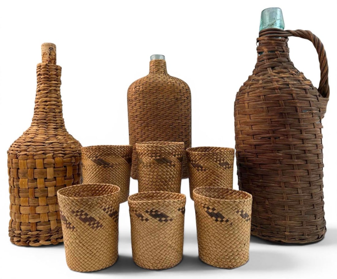 Antique Basket Covered Bottles And Woven Tumbler Covers (1 of 20)