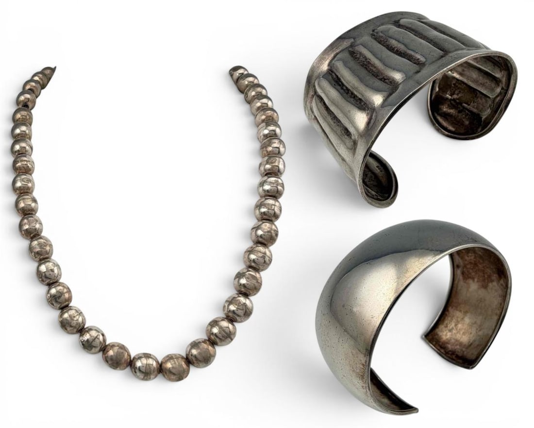 Vintage Mexican Sterling Silver Beaded Necklace And Sterling Cuff Bracelets: Vintage Mexican Sterling Silver Beaded Necklace And Sterling Cuff Bracelet, 80.5g total weight. Necklace marked "Iguala 925 FS Hecho En Mexico." Bracelets marked "925" and "925 Italy." Necklace length