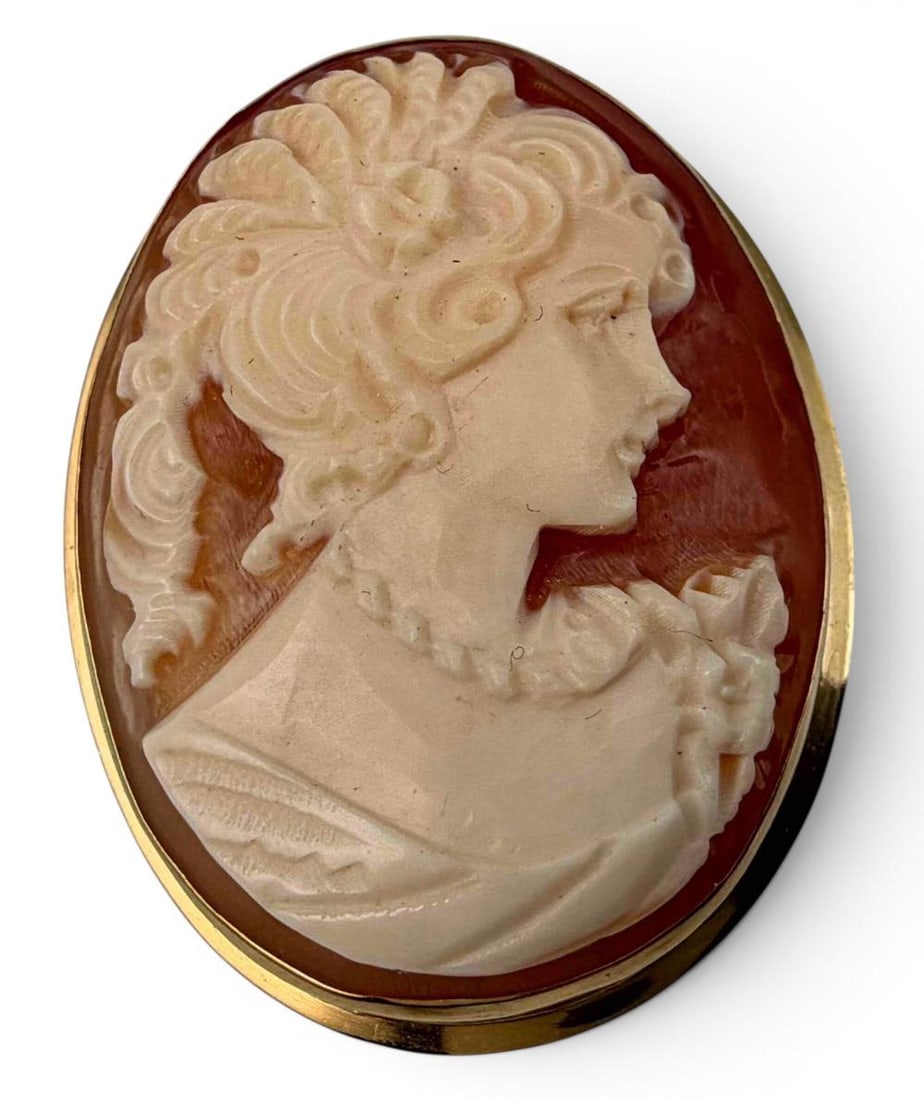 18K Gold Shell Cameo Pendant Brooch: 18K Gold Shell Cameo Pendant Brooch, 5.7g. Marked "750." Tests as 18K. Approximately 1.27L x 0.98W in. ALL CREDIT CARDS WILL BE MANUALLY VERIFIED PRIOR TO SHIPMENT.
