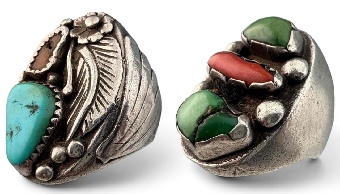 Two Vintage Navajo Sterling Silver Turquoise Rings: Two Vintage Navajo Sterling Silver Turquoise Rings, 53.1g total weight. Unmarked, test as sterling. Turquoise and coral ring front approximately 1.16 x 0.88W in. Approximate ring size 9.5. Turquoise f