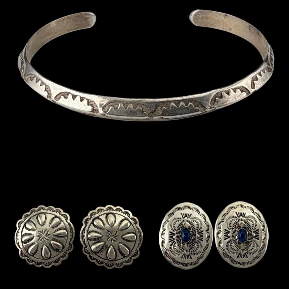 Native American Hand Stamped Sterling Silver Concho Earrings And Cuff Bracelet (1 of 11)