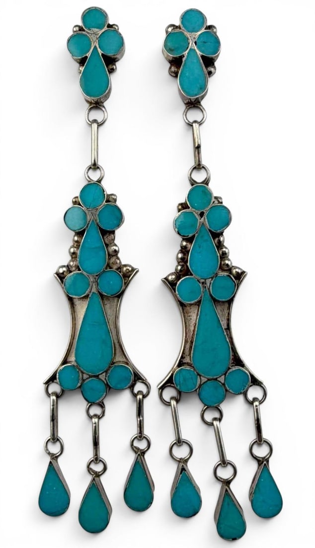Vivianita Booqua & Bryant Othole, Zuni Sterling Silver Turquoise Inlay Earrings: Vivianita Booqua & Bryant Othole, Native American Sterling Silver Turquoise Inlay Earrings, 9.6g. Signed "VB BO." Test as sterling. Approximately 3.25L x 0.69W in.