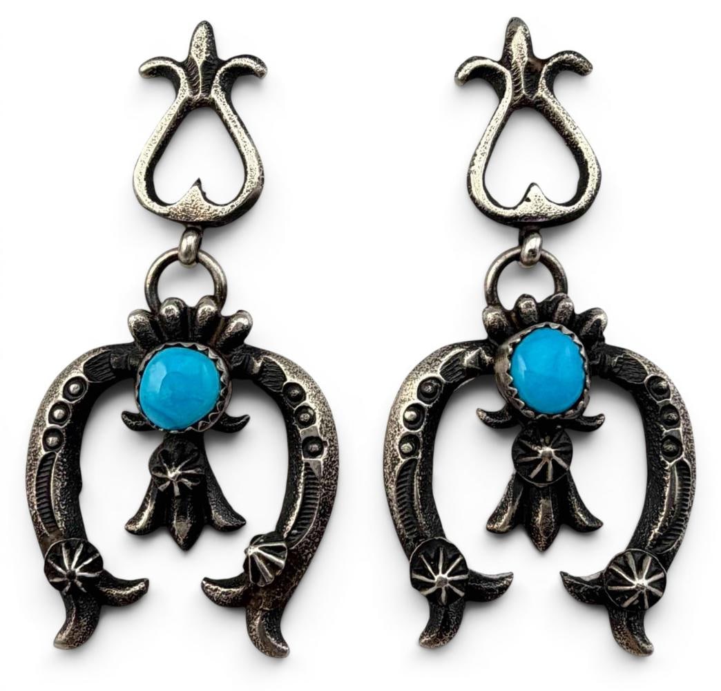 Navajo Sandcast Sterling Silver Turquoise Naja Earrings: Navajo Sandcast Sterling Silver Turquoise Naja Earrings, 20.0g. Signed "Billan." Marked "Sterling." Approximately 2.25L x 1.07W in.