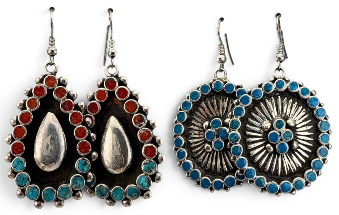Two Pairs Zuni Sterling Silver Turquoise & Coral Inlay Earrings (1 of 10)