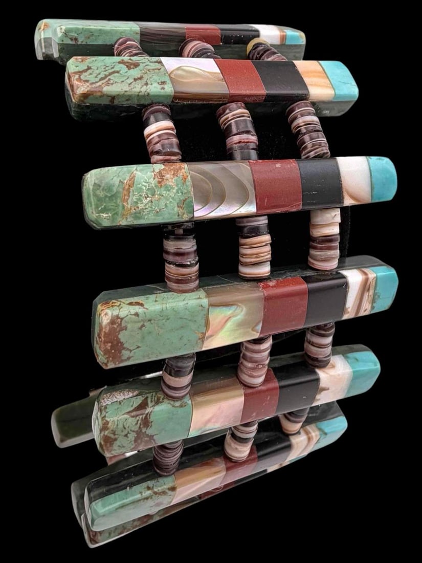 Santo Domingo Pueblo Multi Stone Inlay Bracelet Or Necklace: Santo Domingo Pueblo Multi Stone Inlay Bracelet Or Necklace. Features turquoise, shell, mother of pearl, black onyx, green jasper, and red jasper or pipe stone with shell heishi beads. Beaded and Inla