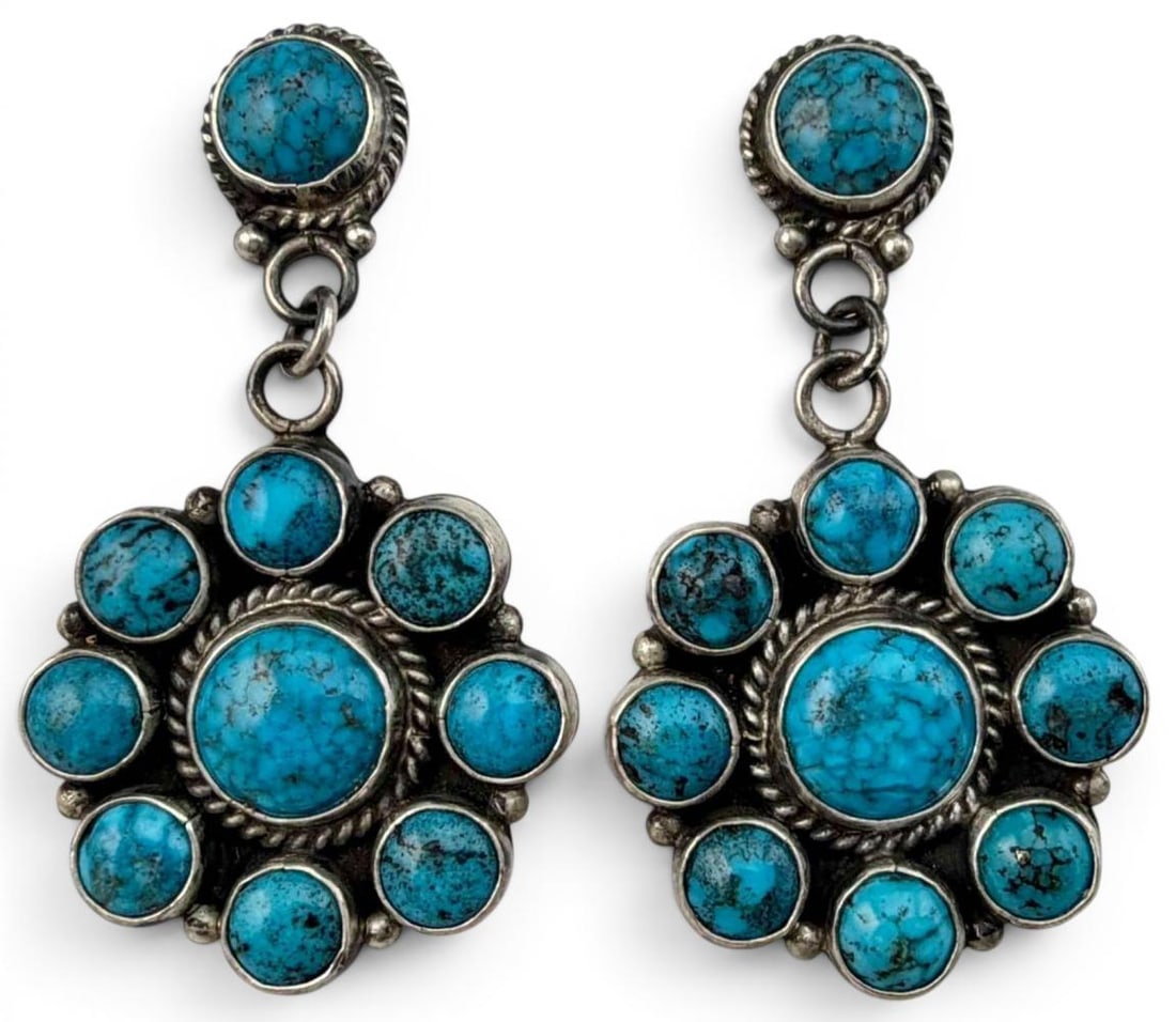 Navajo Sterling Silver Turquoise Earrings: Native American Sterling Silver Turquoise Earrings, 17.2g. Signed "TB," marked "sterling." Approximately 2.0L x 1.10W in.