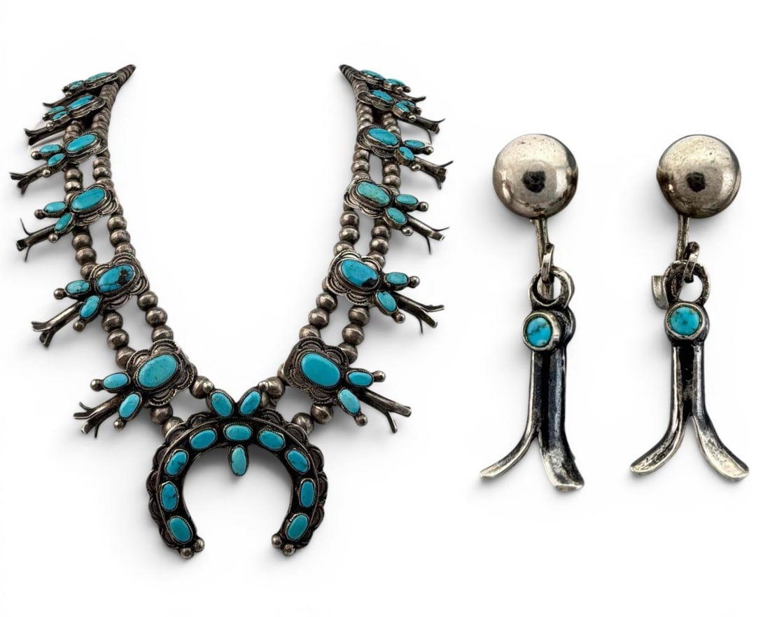 Native American Sterling Silver Turquoise Squash Blossom Necklace & Earrings: Vintage Native American Sterling Silver Turquoise Squash Blossom Necklace & Earrings. Necklace 86.7g, apparently signed "HHzz," tests as sterling. Turquoise and silver squash blossom of earrings tests