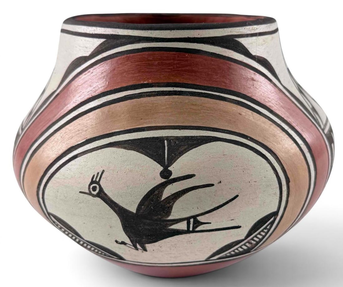 Zia Pueblo Pottery Jar With Bird Motif: Zia Pueblo Pottery Jar With Bird Motif. Unsigned. Approximately 5.62H x 7.37W in.