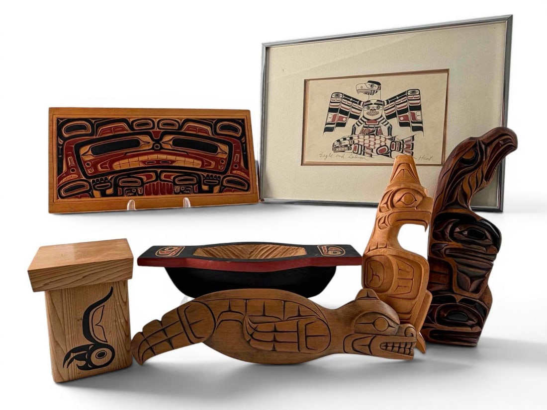 Grouping Of Northwest Coast Carvings & Art: Grouping Of Northwest Coast Native American Carvings & Art. Includes: Lidded cedar box; Henry Hunt, Eagle and Salmon, pencil signed print; painted canoe form bowl; four carved wood plaques with animal