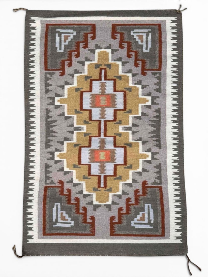 Navajo Teec Nos Pos Weaving, Mid 20th Century: Navajo Teec Nos Pos Weaving, Mid 20th Century. Attached ribbon from New Mexico State Fair, Albuquerque, 1961. Approximately 3.89L x 2.5W ft. Approximately 46.75L x 30.0W in.