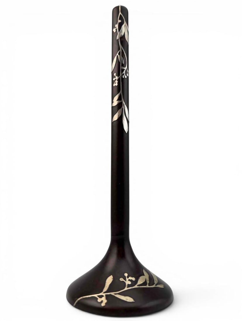 Heintz Arts & Crafts Sterling On Bronze Mistletoe Stem Vase: Heintz Arts & Crafts Sterling On Bronze Mistletoe Stem Vase, 3684, c. 1915. Marked with Heintz Art Metal Shop monogram, and "3684 Sterling on Bronze Pat. Aug. 27." Approximately 11.75H x 3.87W in.