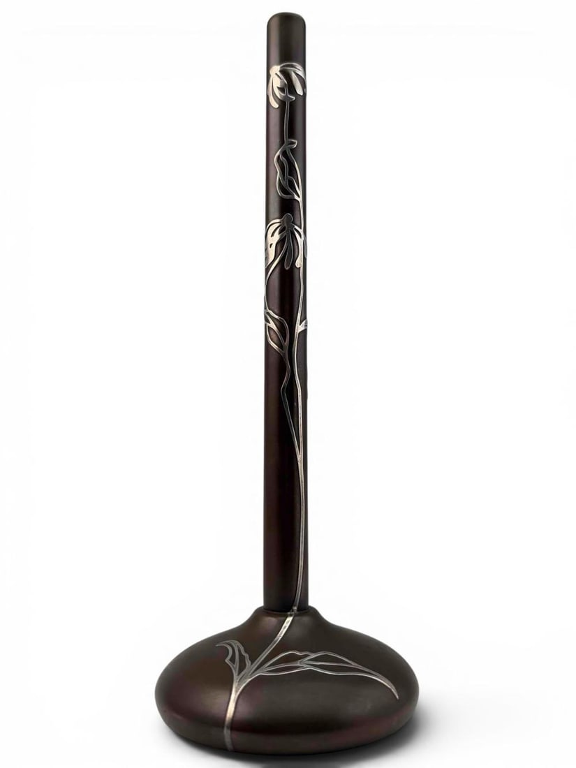 Heintz Arts & Crafts Sterling On Bronze Stem Vase, 3683, c. 1915: Heintz Arts & Crafts Sterling On Bronze Stem Vase, 3683, c. 1915. Marked with Heintz Art Metal Shop monogram, and "3683 Sterling on Bronze Pat. Aug. 27." Approximately 12.0H x 4.0W in.