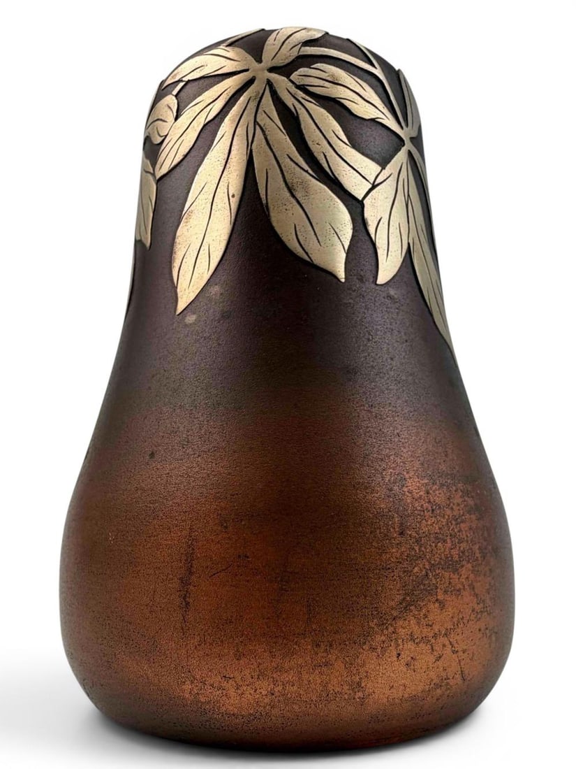 Heintz Sterling Silver On Bronze Vase, No. 3585: Heintz Sterling Silver On Bronze Vase, No. 3585. Marked with Heintz Art Metal Shop monogram, and "3585A Sterling on Bronze Pat. Aug.27.12." Approximately 3.87H x 2.80W in.