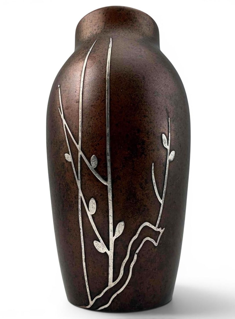Heintz Arts & Crafts Sterling On Bronze Vase, c. 1915: Heintz Arts & Crafts Sterling On Bronze Vase, c. 1915. Marked with Heintz Art Metal Shop monogram, and "3662C Sterling on Bronze Pat. Aug. 27.12" Approximately 7.12H x 3.75W in.