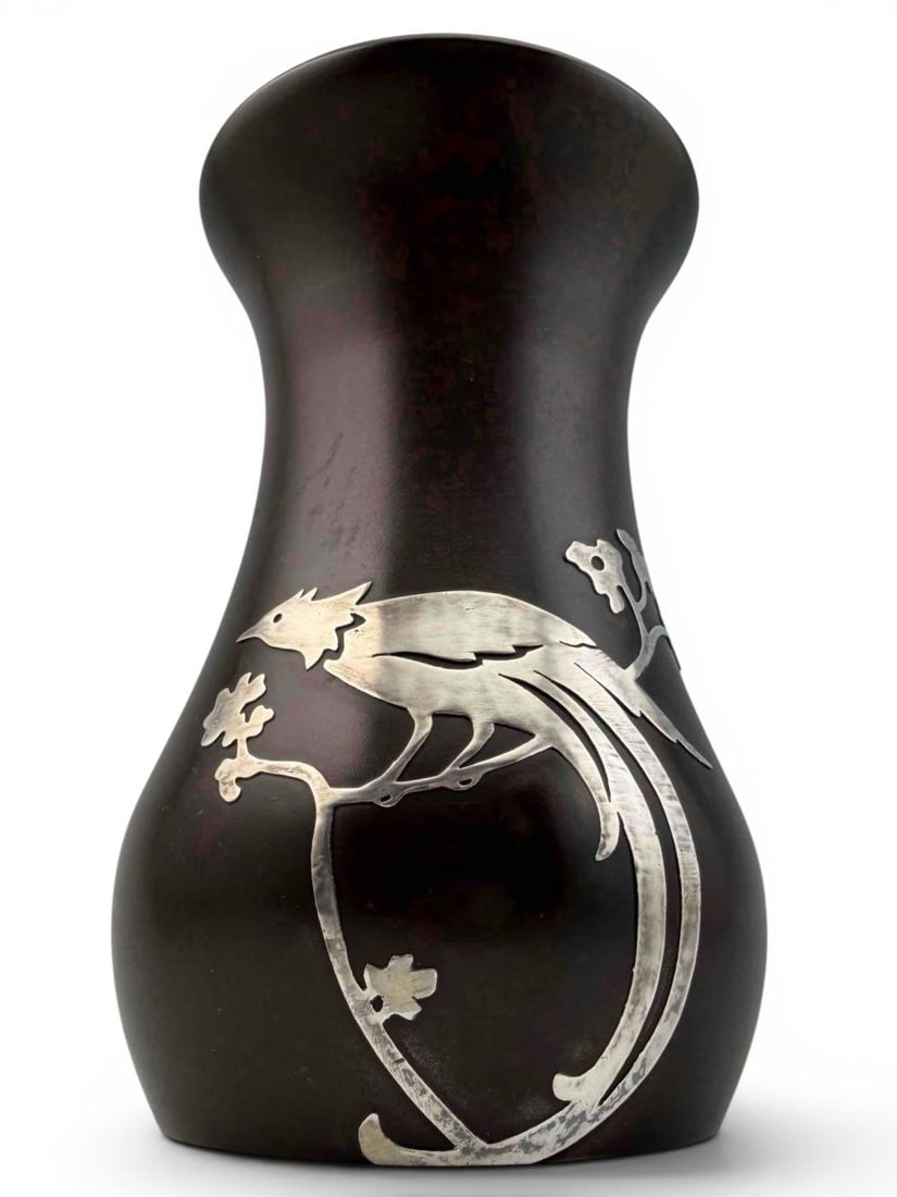 Heintz Arts & Crafts Sterling On Bronze Bird Of Paradise Vase: Heintz Arts & Crafts Sterling On Bronze Bird Of Paradise Vase, 3830. Marked with Heintz Art Metal Shop monogram, and "3830 Sterling on Bronze Pat. Aug. 27.12" Approximately 5.25H x 3.38W in.