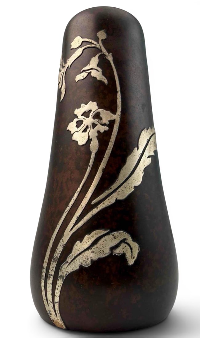 Heintz Sterling Silver On Bronze Vase With Floral Motif: Heintz Sterling Silver On Bronze Vase With Floral Motif, No. 3641. Marked with Heintz Art Metal Shop monogram, and "3641B Sterling on Bronze Pat. Aug.27.12." Approximately 6.75H x 3.25W in.