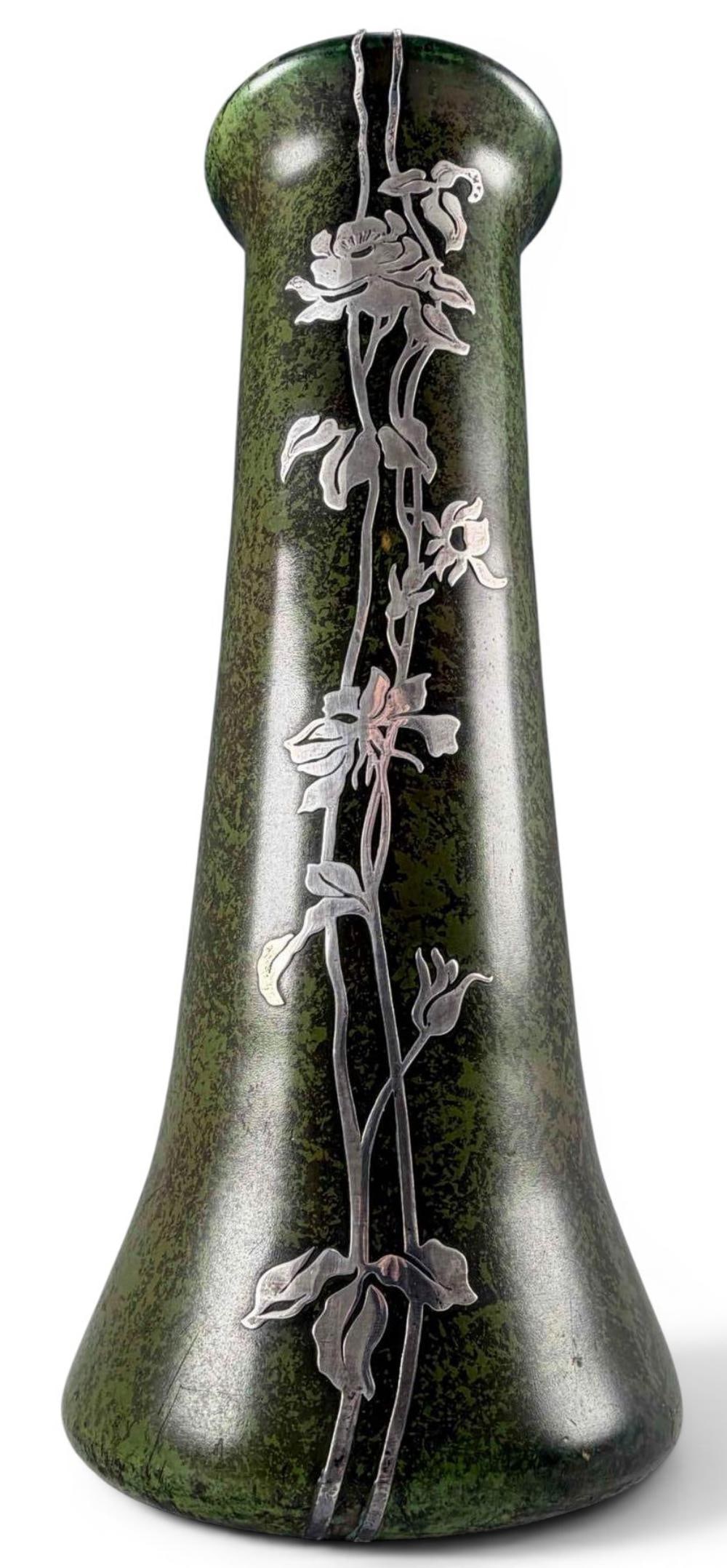 Heintz Sterling On Patinated Bronze Arts & Crafts Vase, c. 1915, Ex Christie's: Heintz Sterling On Patinated Bronze Arts & Crafts Vase, 3708C, c. 1915, Ex Christie's. Marked "3708C Sterling on Bronze Pat. Aug.27.12." Retailer's mark "Ovington Fifth Ave. New York." Approximately 1