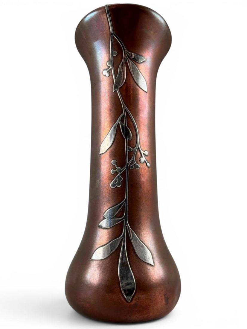 Heintz Arts & Crafts Sterling Bronze Mistletoe Vase: Heintz Art Metal Shop Sterling Bronze Vase With Floral Motif, No. 3707. Marked with Heintz Art Metal Shop monogram, and "3707 Sterling on Bronze Pat. Aug.27.12." Approximately 6.25H x 2.5W in.