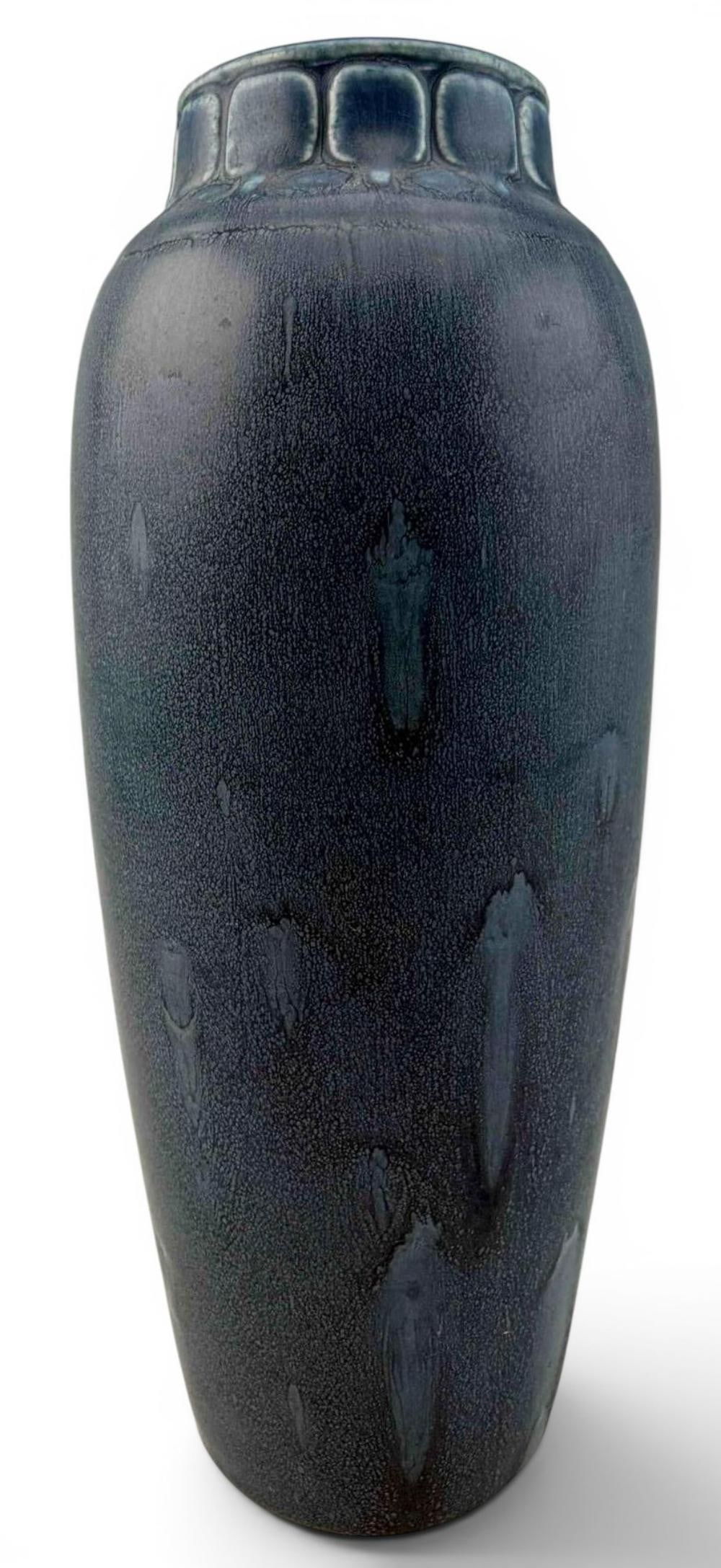 Rookwood Pottery Blue Mat Vase, 1919: Rookwood Pottery Blue Mat Vase, 1919. Marked with Rookwood "RP," fourteen flames, Roman numerals XIX, and 2318. Approximately 9.25H x 3.75W in.