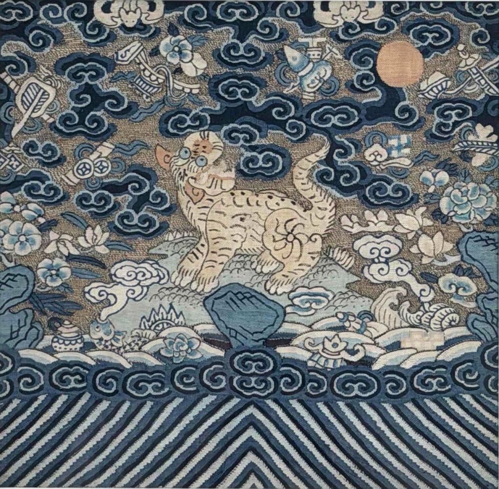 Chinese Silk Tiger Military Rank Badge: Chinese Silk Tiger Military Rank Badge With Mettalic Threads. Features a central tiger among stylized clouds, waves, flowers, auspicious objects, and a sun disk. Frame Approximately 15.0H x 15.25W x 1