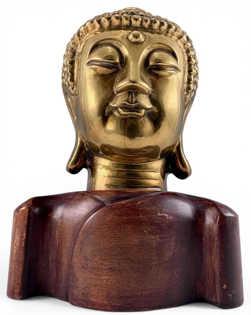 Cast Brass & Wood Buddha Bust: Cast Brass & Wood Buddha Bust. Approximately 12.37H x 8.5W x 6.12D in.