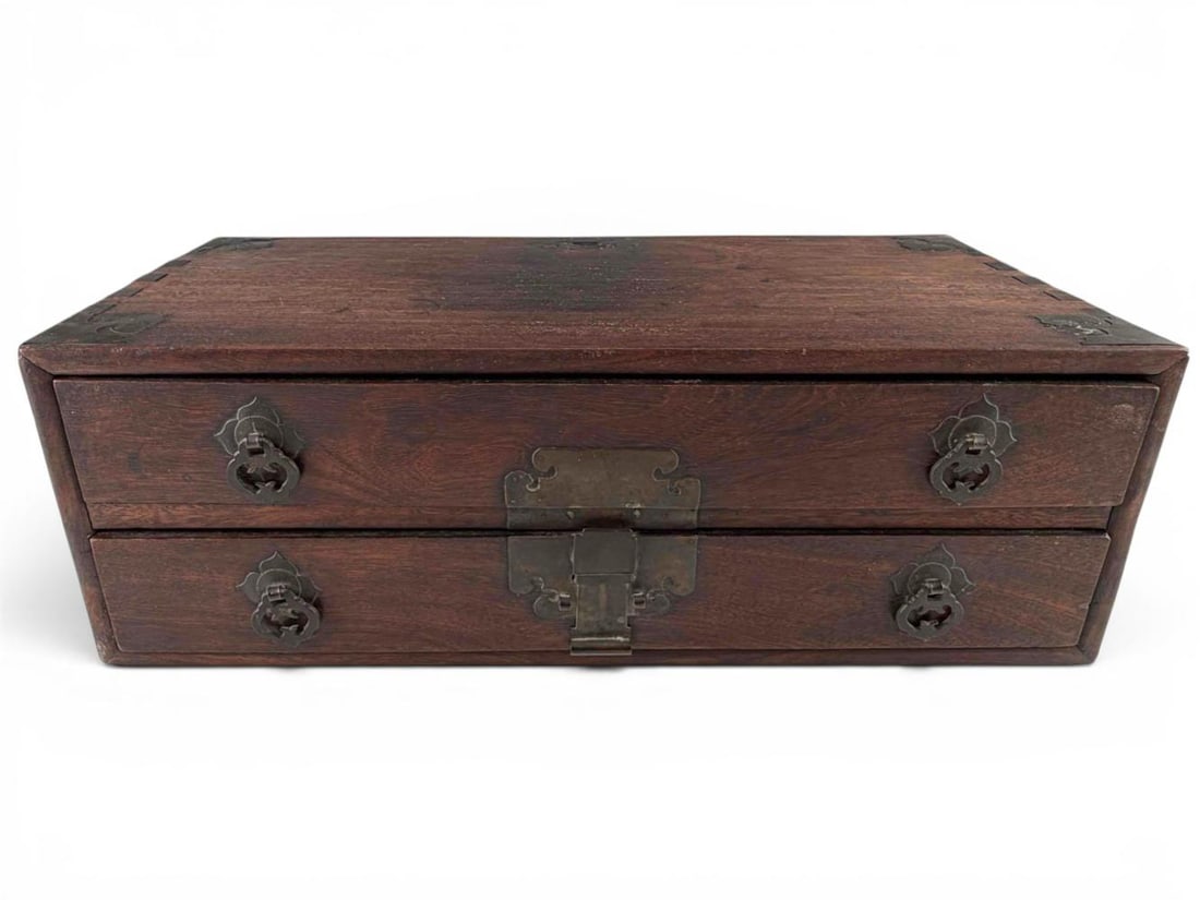 Chinese Brass Mounted Wood Document Or Jewelry Chest: Chinese Brass Mounted Wood Document Or Jewelry Chest. Approximately 7.0H x 19.87W x 9.5D in.