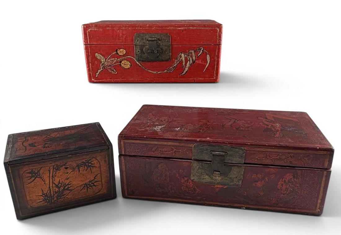Three Chinese Red Lacquer Storage Boxes With Figural & Floral Decoration: Three Chinese Red Lacquer Storage Boxes With Figural & Floral Decoration. Approximately 5.0H x 13.75W x 7.5D in. and 4.5H x 11.0W x 6.0D in.