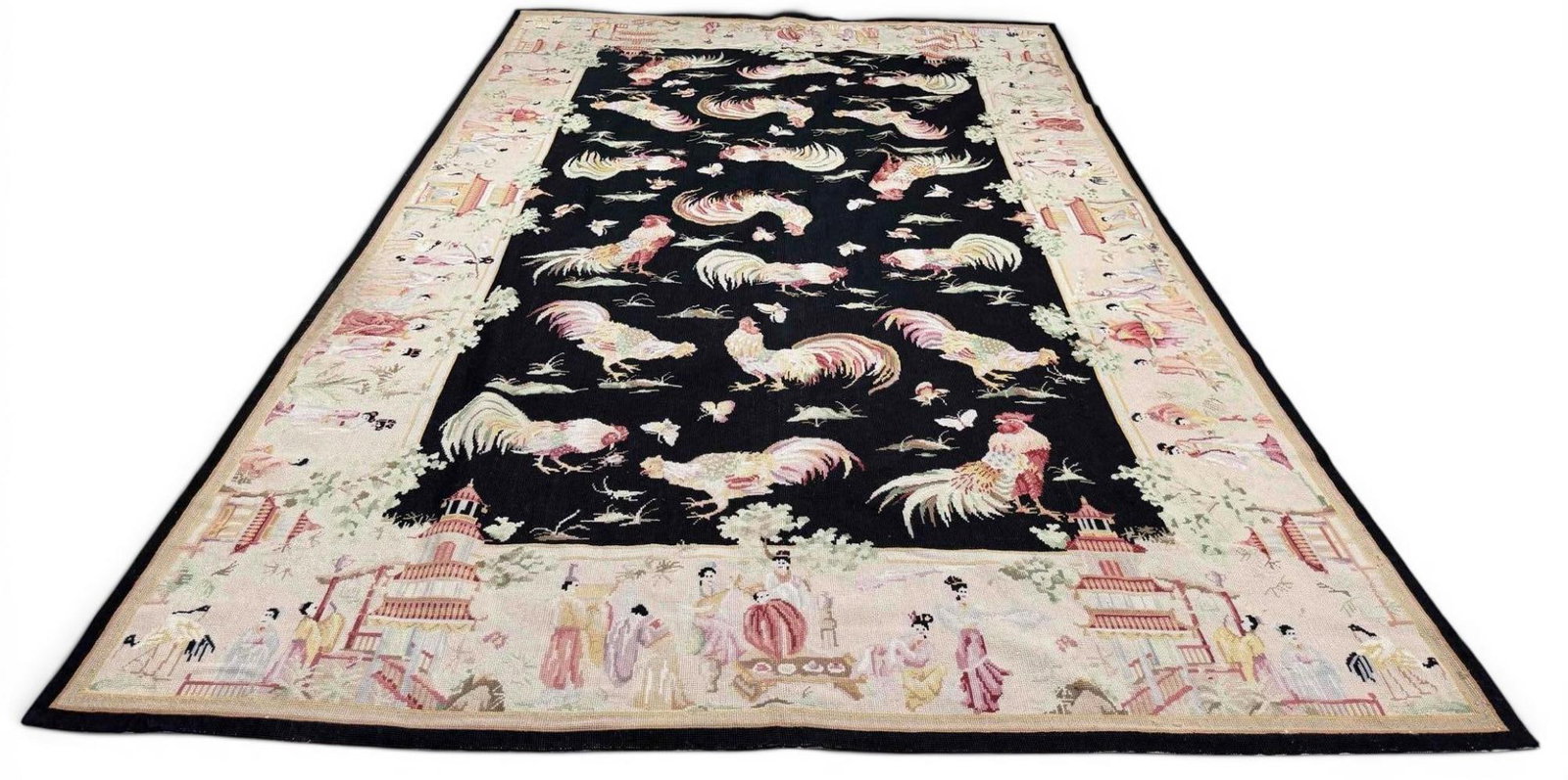 Chinoiserie Needlepoint Rug, Rooster & Grasshopper Motif (1 of 12)