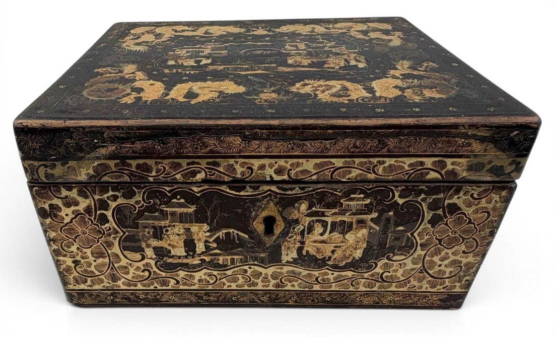 19th Century Chinoiserie Lacquer Fitted Tea Caddy With Pewter-Lined Interior (1 of 19)