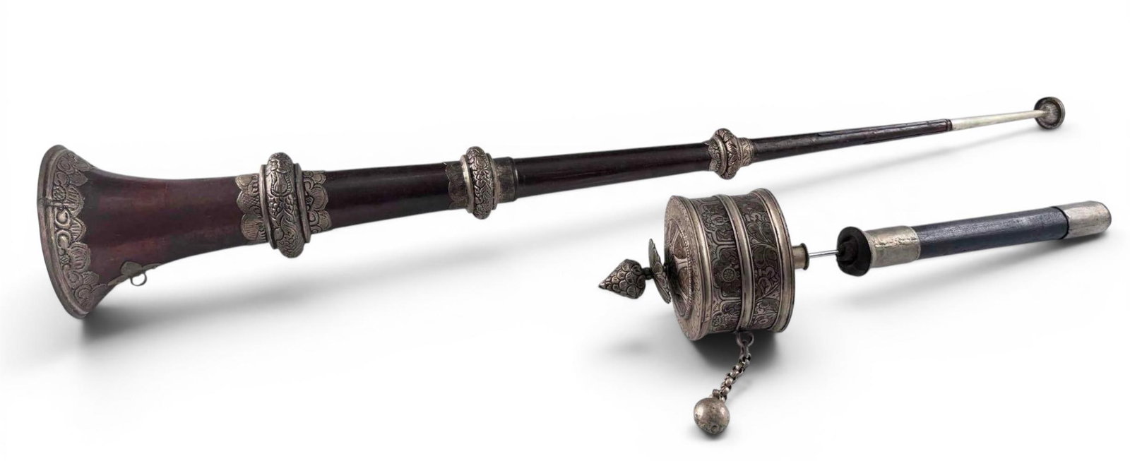 Tibetan Prayer Wheel & Dung-Chen Buddhist Ceremonial Horn: Tibetan Prayer Wheel & Dung-Chen Copper Ceremonial Horn. Prayer wheel includes paper prayer. Telescoping horn approximately 36.0L x 5.25W in (extended). Prayer wheel approximately 16.25L x 4.25W in.