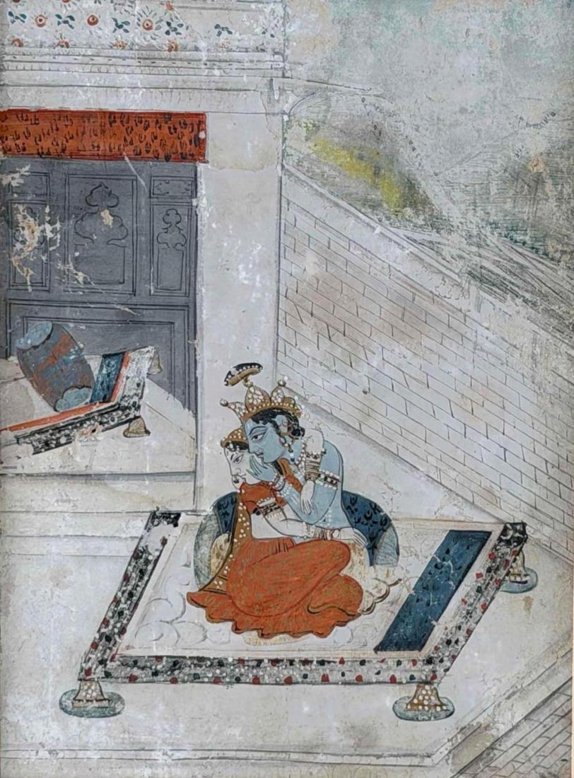 Indian Miniature Painting Of Krishna And Radha, Attributed To Kangra School, 19th C.: Framed Indian miniature painting depicting Krishna and Radha seated in an architectural courtyard, with decorative carpet, palace interior, and finely detailed jewelry and garments. Gouache on paper A